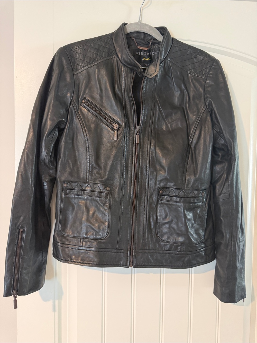 Bernardo Black Quilted-Panel Leather Moto Jacket